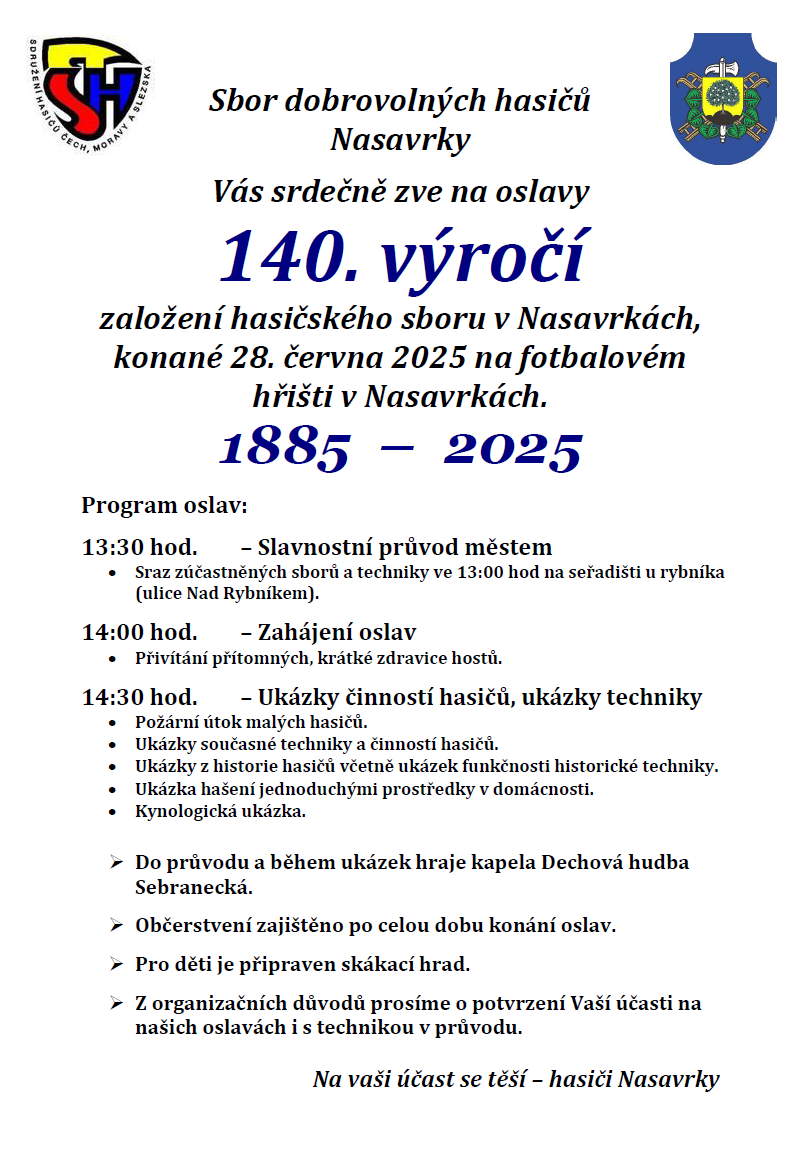 Pozvánka na oslavy založení HS Nasavrky.